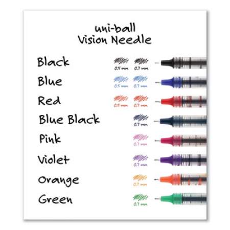 uni-ball VISION Needle Roller Ball Pen, Stick, Fine 0.7 mm, Assorted Ink Colors, Silver Barrel, 8/Pack (1734916)