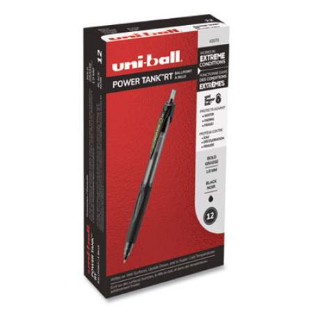 uni-ball POWER TANK RT RETRACTABLE BALLPOINT PEN, 1MM, BLACK INK, SMOKE/BLACK BARREL, DOZEN (42070)