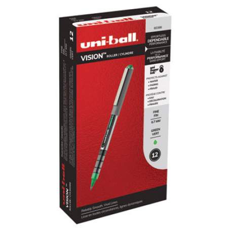 uni-ball VISION Roller Ball Pen, Stick, Fine 0.7 mm, Evergreen Ink, Gray Barrel, Dozen (60386)