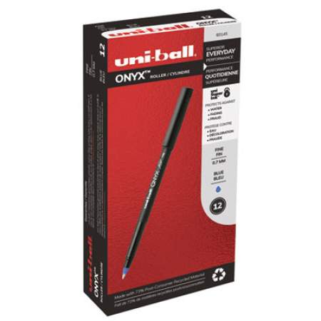 uni-ball ONYX Roller Ball Pen, Stick, Fine 0.7 mm, Blue Ink, Black Matte Barrel, Dozen (60145)