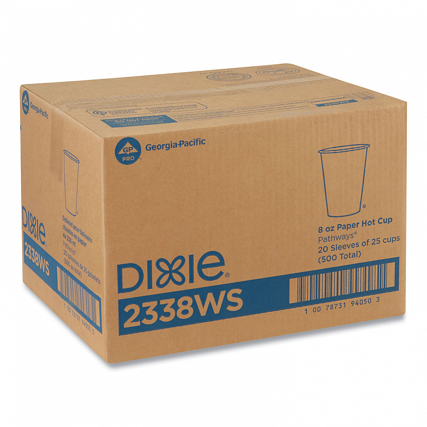 Pathways Paper Hot Cups, WiseSize, 8 oz, White/Brown, 25/Bag, 20 Bags/Carton (2338WS)