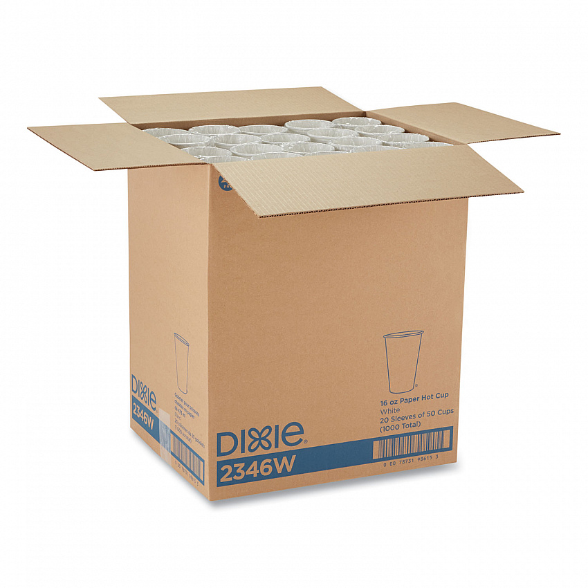Paper Hot Cups, 16 oz, White, 50/Sleeve, 20 Sleeves/Carton (2346W)