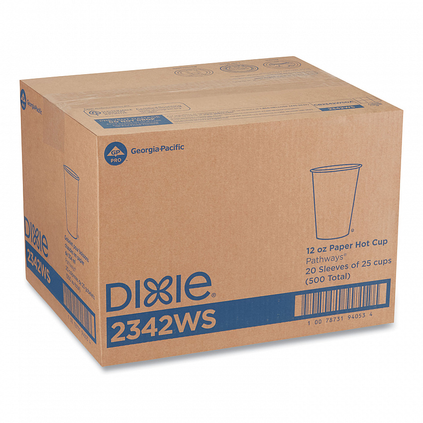 Pathways Paper Hot Cups, WiseSize, 12 oz, White/Brown, 25/Bag, 20 Bags/Carton (2342WS)