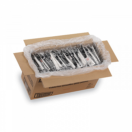 Wrapped Tableware/Napkin Packets, Mediumweight, Fork/Knife/Napkin/Spoon, Plastic, Black, 250/Carton (CH56NSPC7)