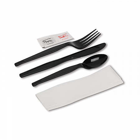 Wrapped Tableware/Napkin Packets, Mediumweight, Fork/Knife/Napkin/Spoon, Plastic, Black, 250/Carton (CH56NSPC7)