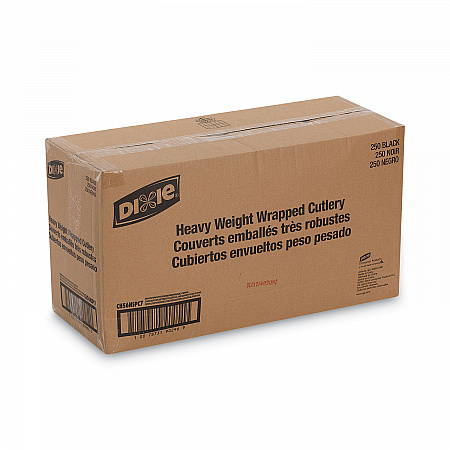 Wrapped Tableware/Napkin Packets, Mediumweight, Fork/Knife/Napkin/Spoon, Plastic, Black, 250/Carton (CH56NSPC7)
