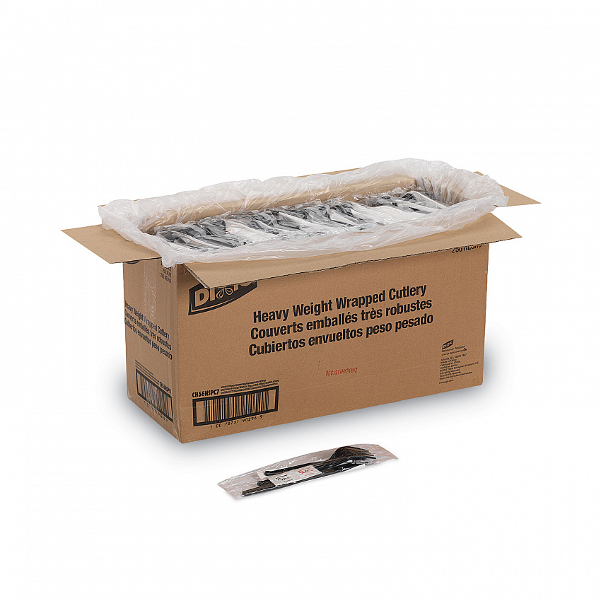 Wrapped Tableware/Napkin Packets, Mediumweight, Fork/Knife/Napkin/Spoon, Plastic, Black, 250/Carton (CH56NSPC7)