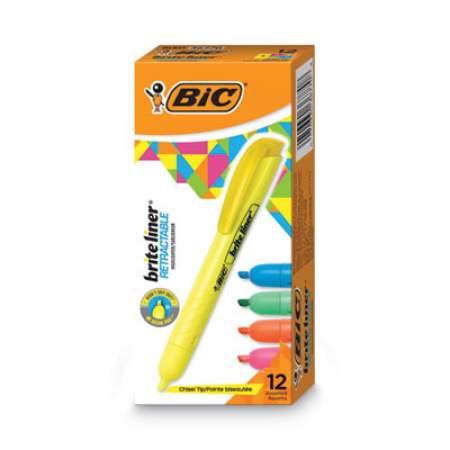 BIC Brite Liner Retractable Highlighter, Assorted Ink Colors, Chisel Tip, Assorted Barrel Colors, Dozen (BLR11AST)