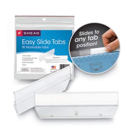 Smead Easy Slide Hanging Folder Tab, 1/3-Cut Tabs, White/Clear, 3.5" Wide, 18/Pack (64626)
