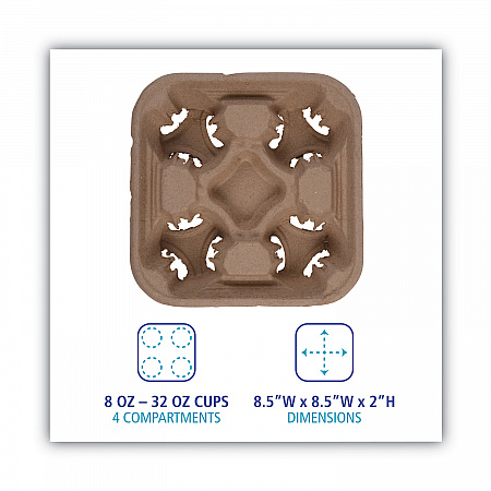 Cup Carrier Tray, 8 oz to 32 oz, Four Cups, Kraft, 300/Carton (4CUPCARRIER)