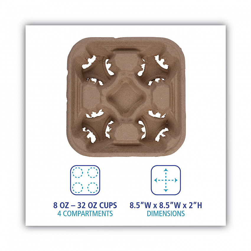 Cup Carrier Tray, 8 oz to 32 oz, Four Cups, Kraft, 300/Carton (4CUPCARRIER)