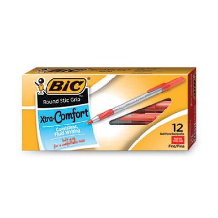BIC Round Stic Grip Xtra Comfort Ballpoint Pen, Stick, Fine 0.8 mm, Red Ink, Gray/Red Barrel, Dozen (GSFG11RD)