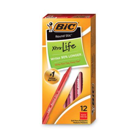 BIC Round Stic Xtra Life Ballpoint Pen, Stick, Medium 1 mm, Red Ink, Translucent Red Barrel, Dozen (GSM11RD)