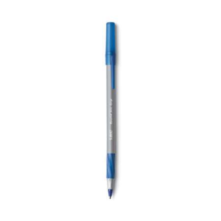 BIC Round Stic Grip Xtra Comfort Ballpoint Pen, Easy-Glide, Stick, Medium 1.2 mm, Blue Ink, Gray/Blue Barrel, Dozen (GSMG11BE)