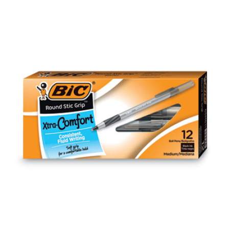 BIC Round Stic Grip Xtra Comfort Ballpoint Pen, Easy-Glide, Stick, Medium 1.2 mm, Black Ink, Gray/Black Barrel, Dozen (GSMG11BK)