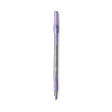 BIC Round Stic Grip Xtra Comfort Ballpoint Pen, Easy-Glide, Stick, Medium 1.2 mm, Purple Ink, Gray/Purple Barrel, Dozen (GSMG11PE)