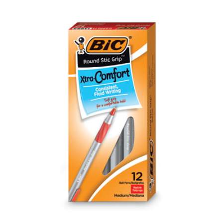 BIC Round Stic Grip Xtra Comfort Ballpoint Pen, Easy-Glide, Stick, Medium 1.2 mm, Red Ink, Gray/Red Barrel, Dozen (GSMG11RD)