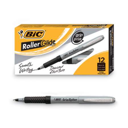 BIC Roller Glide Roller Ball Pen, Stick, Fine 0.7 mm, Black Ink, Gray Barrel, Dozen (GRE11BK)