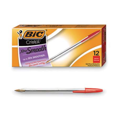 BIC Cristal Xtra Smooth Ballpoint Pen, Stick, Medium 1 mm, Red Ink, Clear Barrel, Dozen (MS11RD)