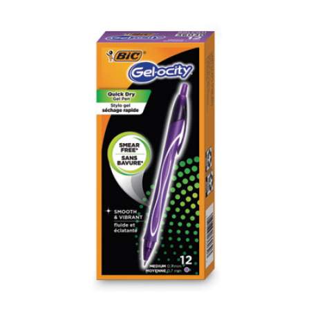 BIC Gel-ocity Quick Dry Gel Pen, Retractable, Medium 0.7 mm, Purple Ink, Purple Barrel, Dozen (RGLCGA11PPL)