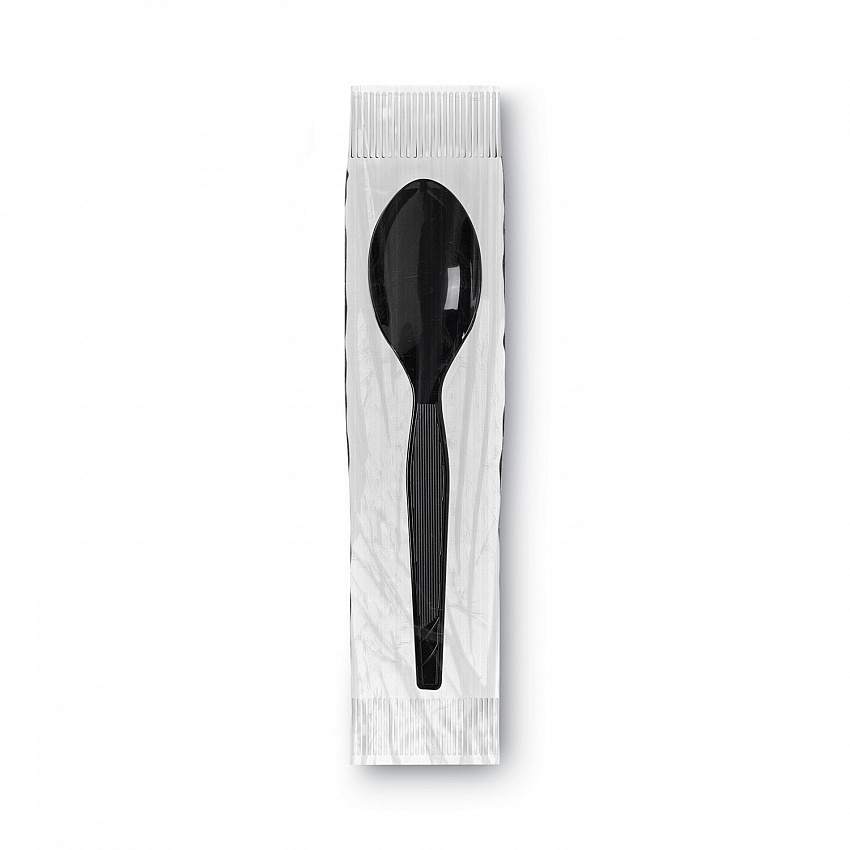 Grab'N Go Wrapped Cutlery, Spoon, Plastic, Black, 90/Box (TM5W540PK)