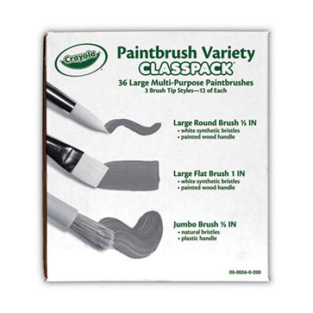 Crayola Large Variety Paint Brush Classpack, Natural; Nylon Bristles, Flat; Round Profiles, 36/Set (050036)