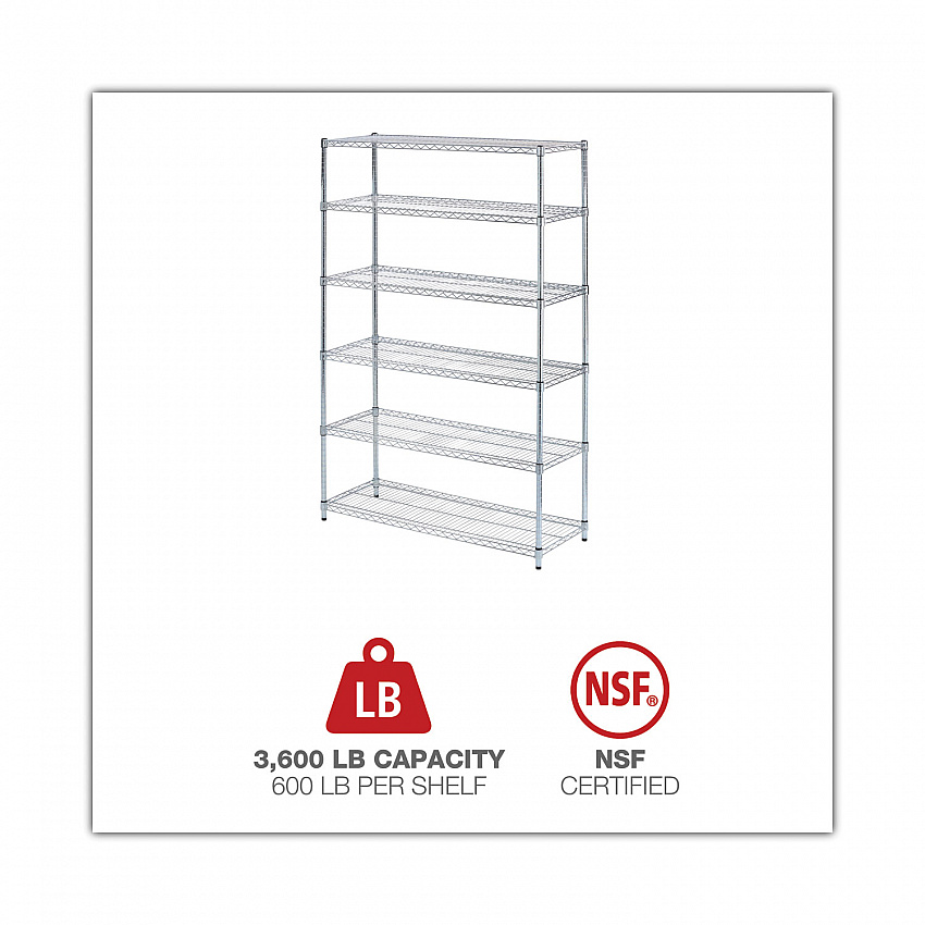 NSF Certified 6-Shelf Wire Shelving Kit, 48w x 18d x 72h, Silver (SW664818SR)