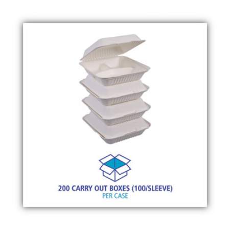 Boardwalk Bagasse Food Containers, Hinged-Lid, 3-Compartment 9 x 9 x 3.19, White, 100/Sleeve, 2 Sleeves/Carton (HINGEWF3CM9)