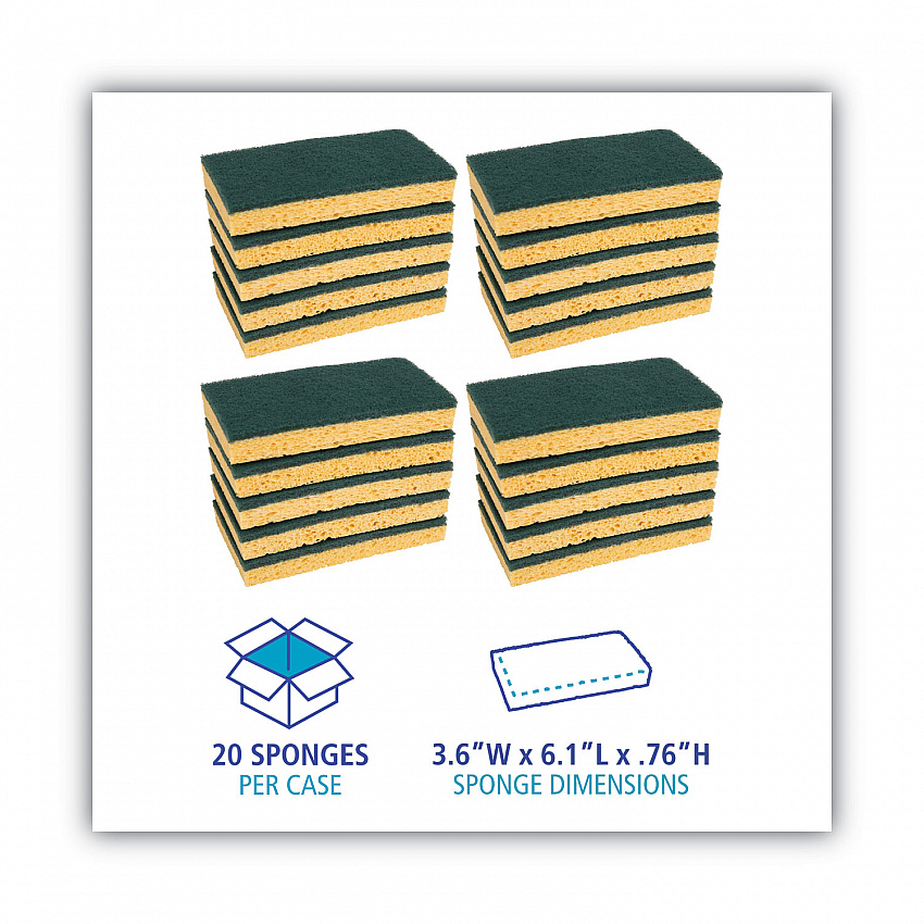 Medium-Duty Scrubbing Sponge, Individually Wrapped, 3.6 x 6.1, 0.75" Thick, Yellow/Green, 20/Carton (174)