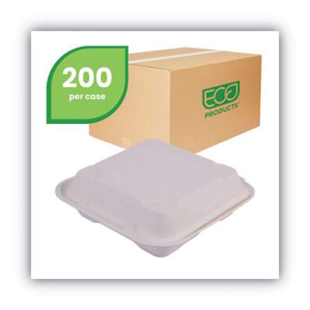 Eco-Products Renewable and Compost Sugarcane Clamshells, 3-Compartment, 9 x 9 x 3, White, 50/Pack, 4 Packs/Carton (EPHC93)