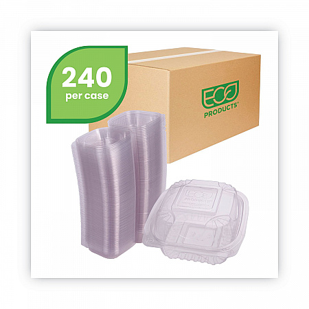 Renewable and Compostable Clear Clamshell Hinged Food Containers, 6 x 6 x 3, Plastic, 80/Pack, 3 Packs/Carton (EPLC6)