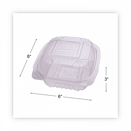Renewable and Compostable Clear Clamshell Hinged Food Containers, 6 x 6 x 3, Plastic, 80/Pack, 3 Packs/Carton (EPLC6)