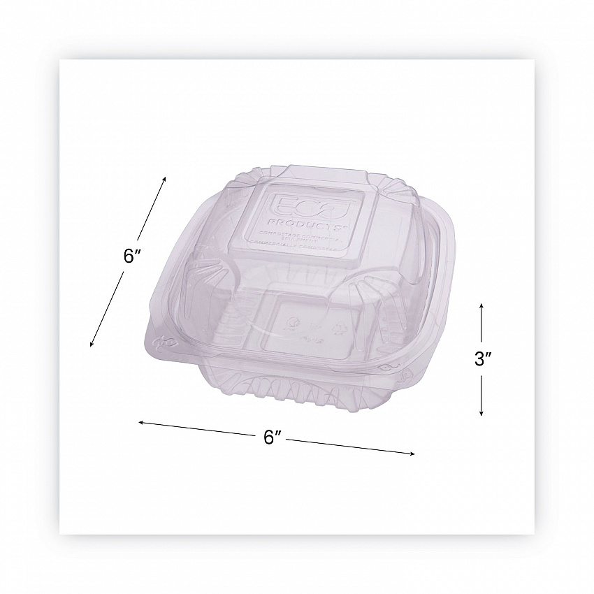 Renewable and Compostable Clear Clamshell Hinged Food Containers, 6 x 6 x 3, Plastic, 80/Pack, 3 Packs/Carton (EPLC6)