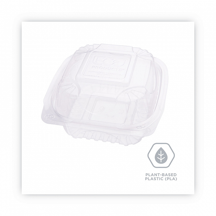 Renewable and Compostable Clear Clamshell Hinged Food Containers, 6 x 6 x 3, Plastic, 80/Pack, 3 Packs/Carton (EPLC6)