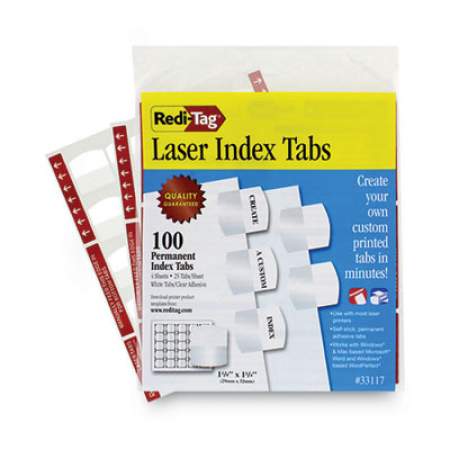 Redi-Tag Laser Printable Index Tabs, 1/5-Cut Tabs, White, 1.13" Wide, 100/Pack (33117)