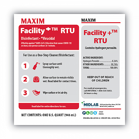 Facility+ RTU Disinfectant, Safe-to-Ship, Unscented, 32 oz Bottle, 6/Carton (04640086)