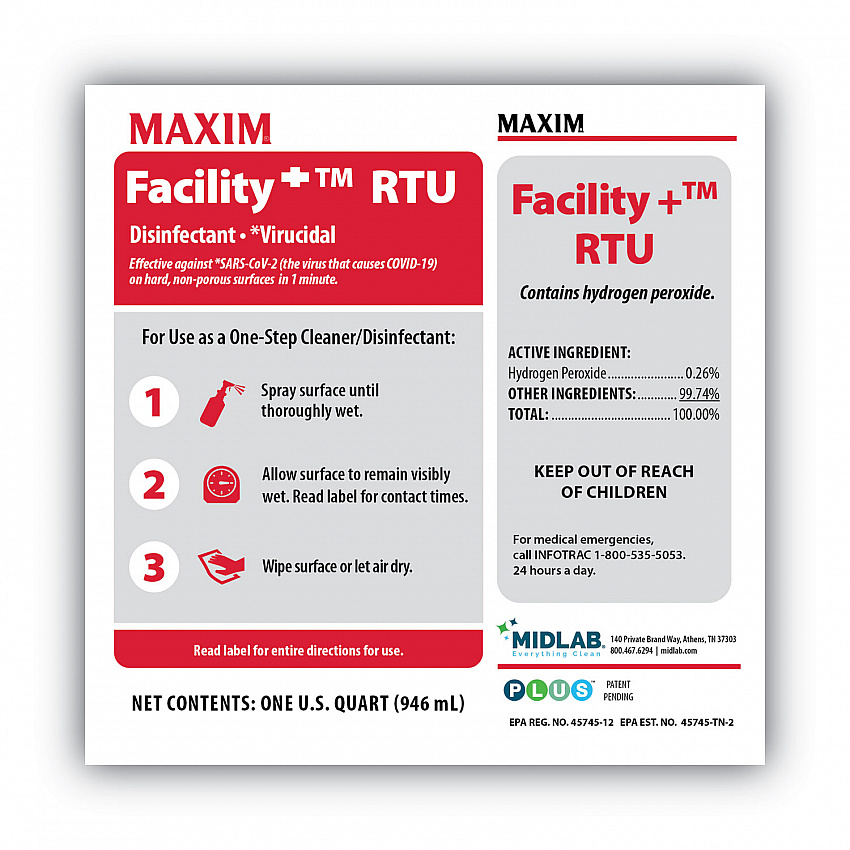 Facility+ RTU Disinfectant, Safe-to-Ship, Unscented, 32 oz Bottle, 6/Carton (04640086)