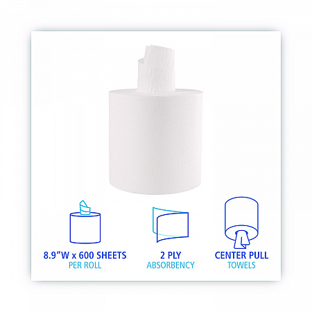 Center-Pull Roll Towels, 2-Ply, 7.6 x 8.9, White, 600/Roll, 6/Carton (410321)