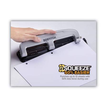 Bostitch 12-Sheet EZ Squeeze Three-Hole Punch, 9/32" Holes, Black/Silver (2101)