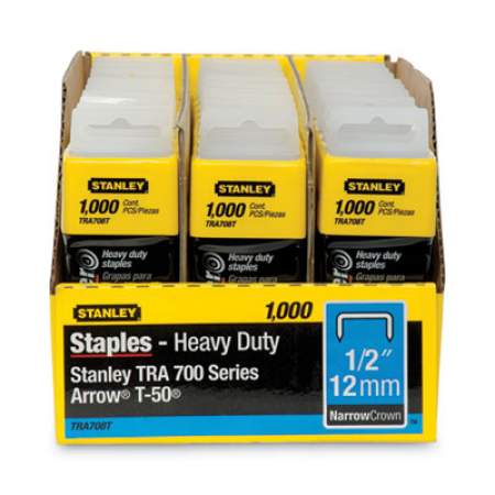 Stanley SharpShooter Heavy-Duty Tacker Staples, 0.5" Leg, 0.5" Crown, Steel, 1,000/Box (TRA708T)