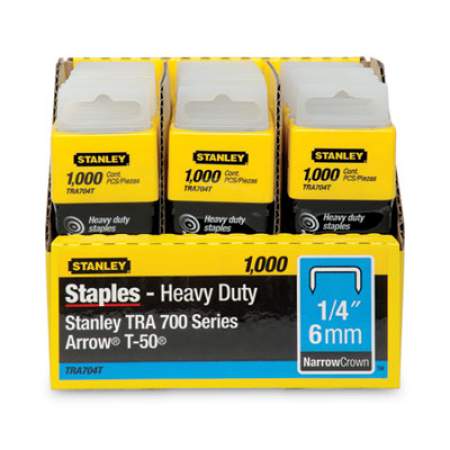 Stanley SharpShooter Heavy-Duty Tacker Staples, 0.25" Leg, 0.5" Crown, Steel, 1,000/Box (TRA704T)