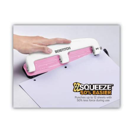 Bostitch 12-Sheet EZ Squeeze InCourage Three-Hole Punch, 9/32" Holes, Pink (2188)