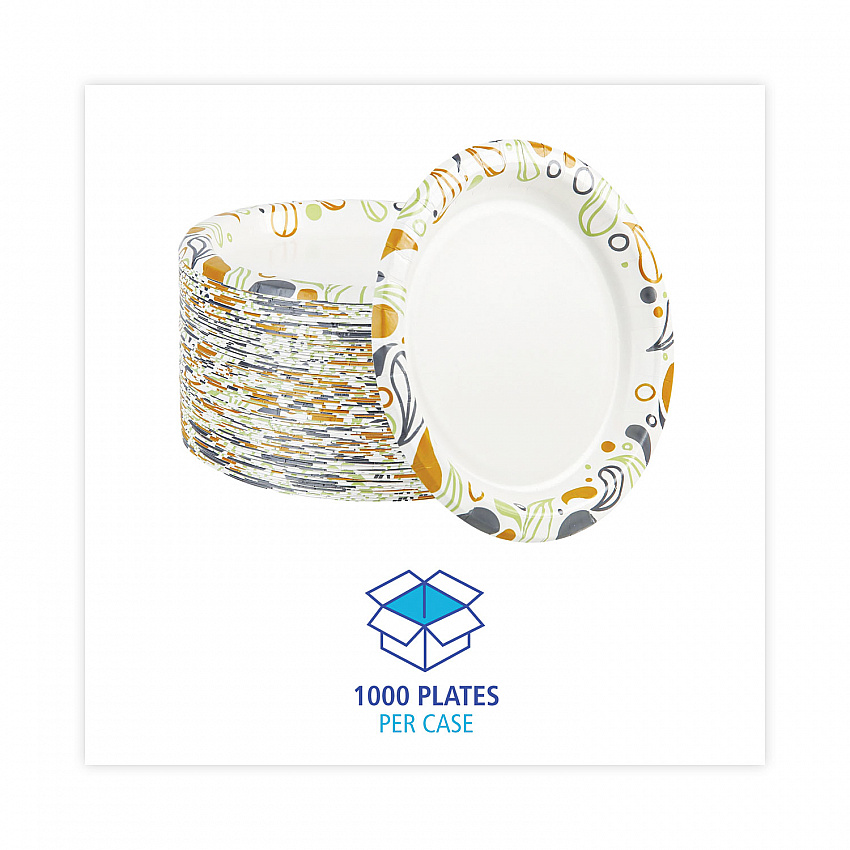Deerfield Printed Paper Plates, 9" dia, Coated/Soak Proof, White/Yellow/Green/Purple, 125/Pack, 8 Packs/Carton (DEER9PLT)