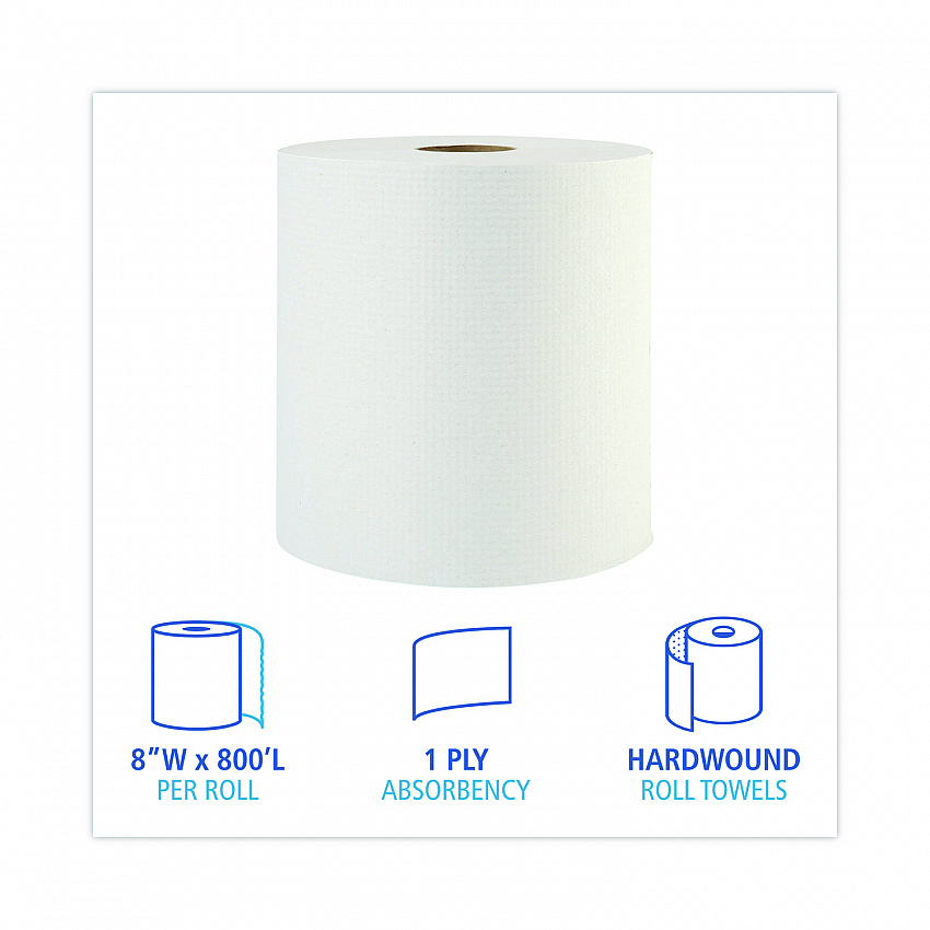 Hardwound Paper Towels, 1-Ply, 8" x 800 ft, White, 6 Rolls/Carton (6254B)