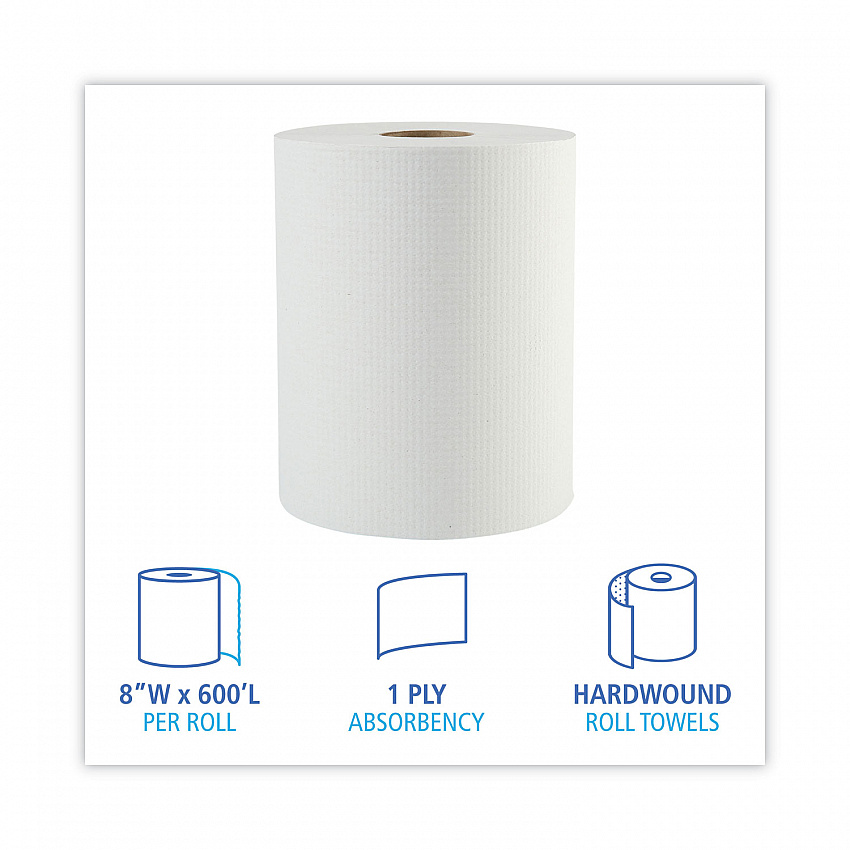 Hardwound Paper Towels, 1-Ply, 8" x 600 ft, White, 2" Core, 12 Rolls/Carton (6261B)
