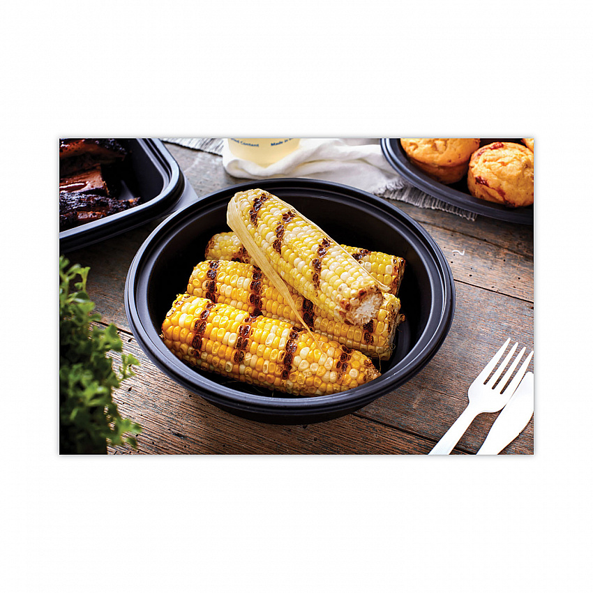 EarthChoice MealMaster Container with Lid, 32 oz, 8" Diameter x 2.12" h, Black/Clear, Plastic, 250/Carton (0CN8083200BL)