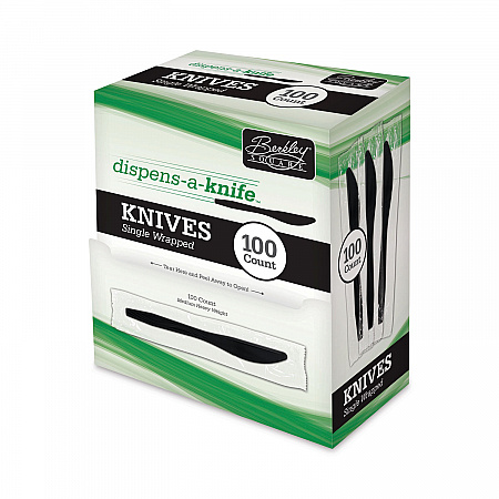 Dispens-a-Knife, Individually Wrapped, Mediumweight Knife, Plastic, Black, 100/Box (BEP90200)
