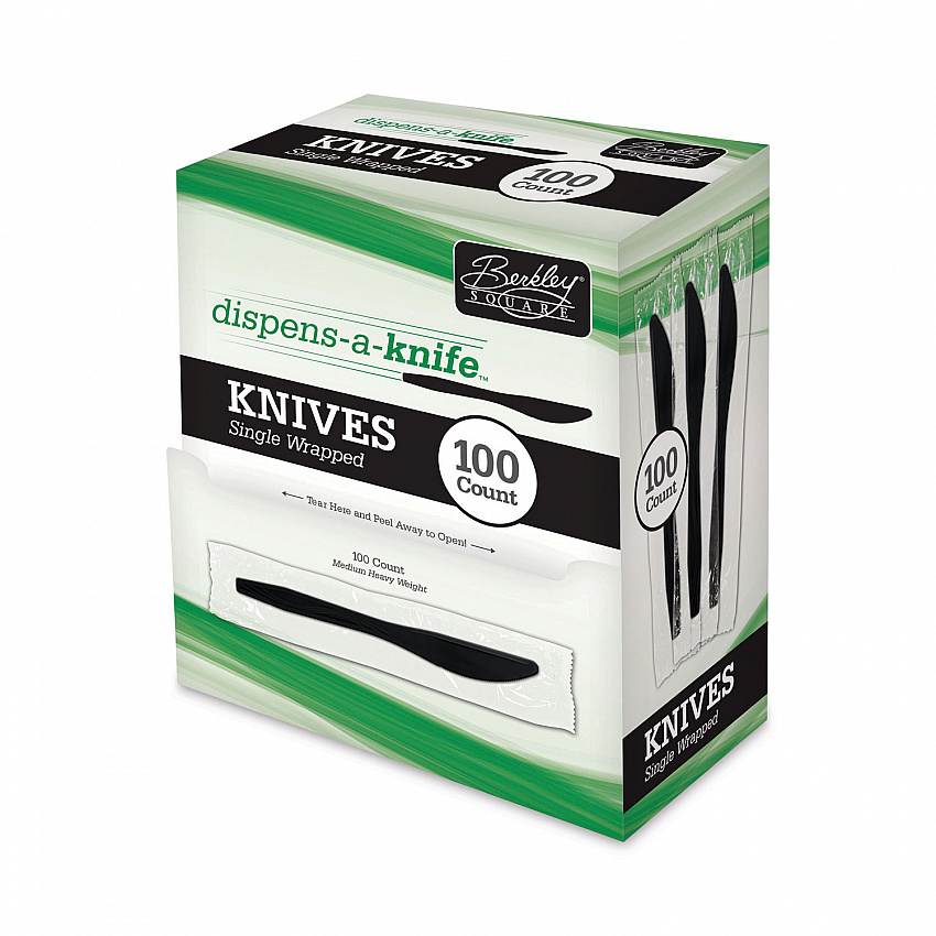 Dispens-a-Knife, Individually Wrapped, Mediumweight Knife, Plastic, Black, 100/Box (BEP90200)