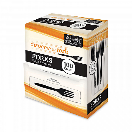Dispens-a-Fork, Individually Wrapped, Mediumweight Fork, Plastic, Black, 100/Box (BEP90202)