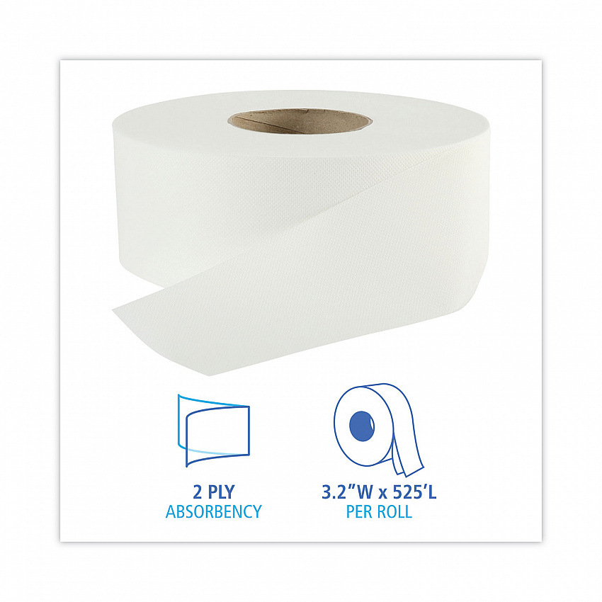 Jumbo Roll Bathroom Tissue, Septic Safe, 2-Ply, 3.2" x 525 ft, White, 12 Rolls/Carton (410320)